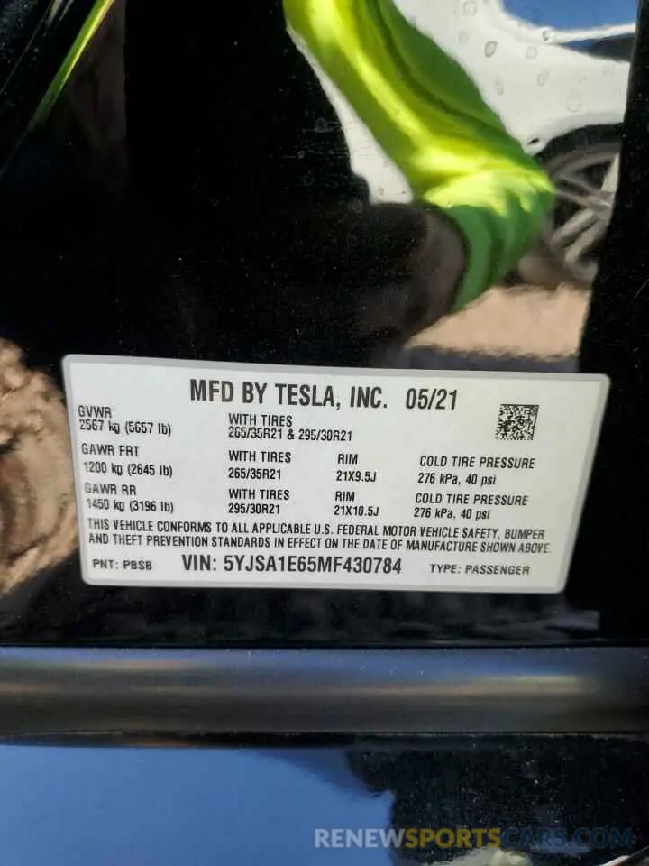 13 fotografías del automóvil dañado 5YJSA1E65MF430784 TESLA MODEL S 2021