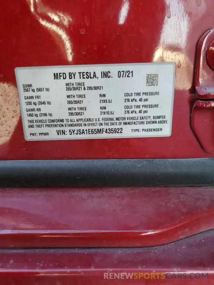 15 fotografías del automóvil dañado 5YJSA1E65MF435922 TESLA MODEL S 2021