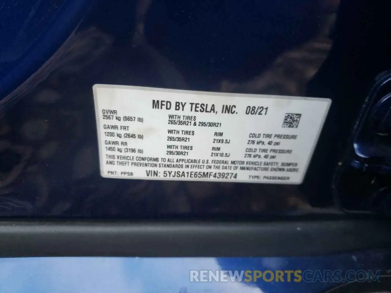12 fotografías del automóvil dañado 5YJSA1E65MF439274 TESLA MODEL S 2021