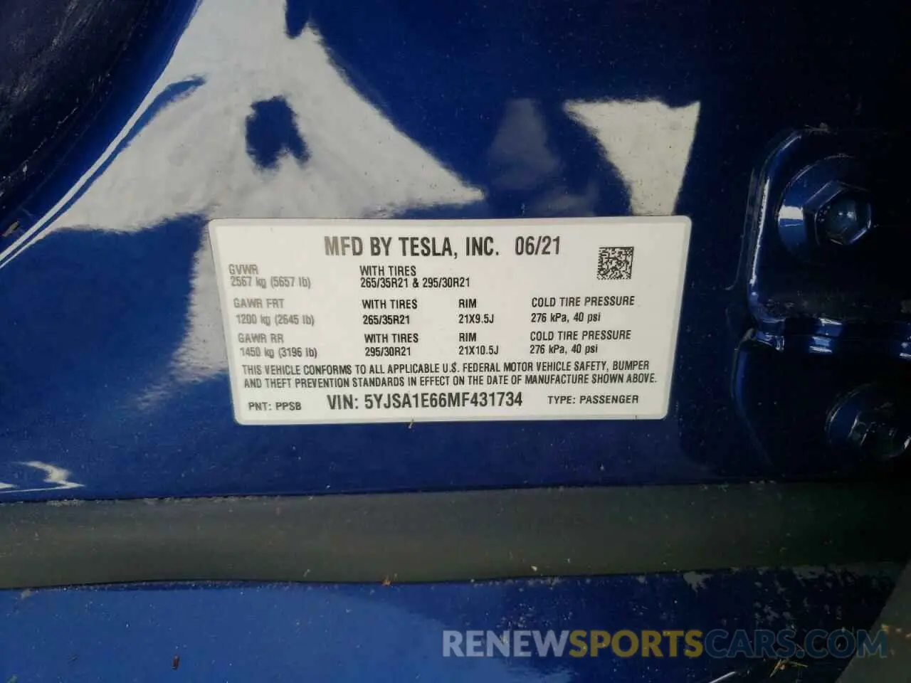 10 fotografías del automóvil dañado 5YJSA1E66MF431734 TESLA MODEL S 2021