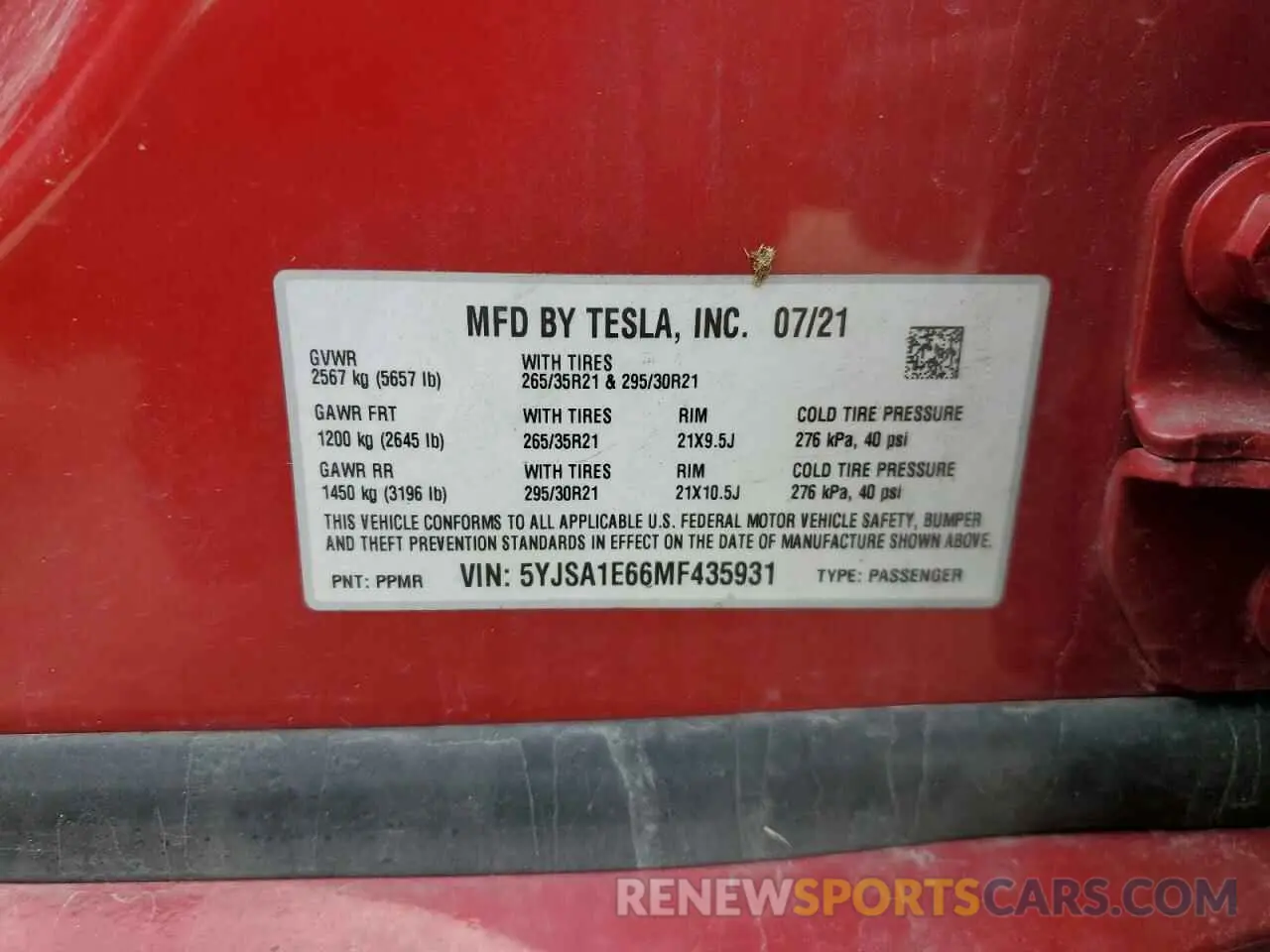 12 fotografías del automóvil dañado 5YJSA1E66MF435931 TESLA MODEL S 2021