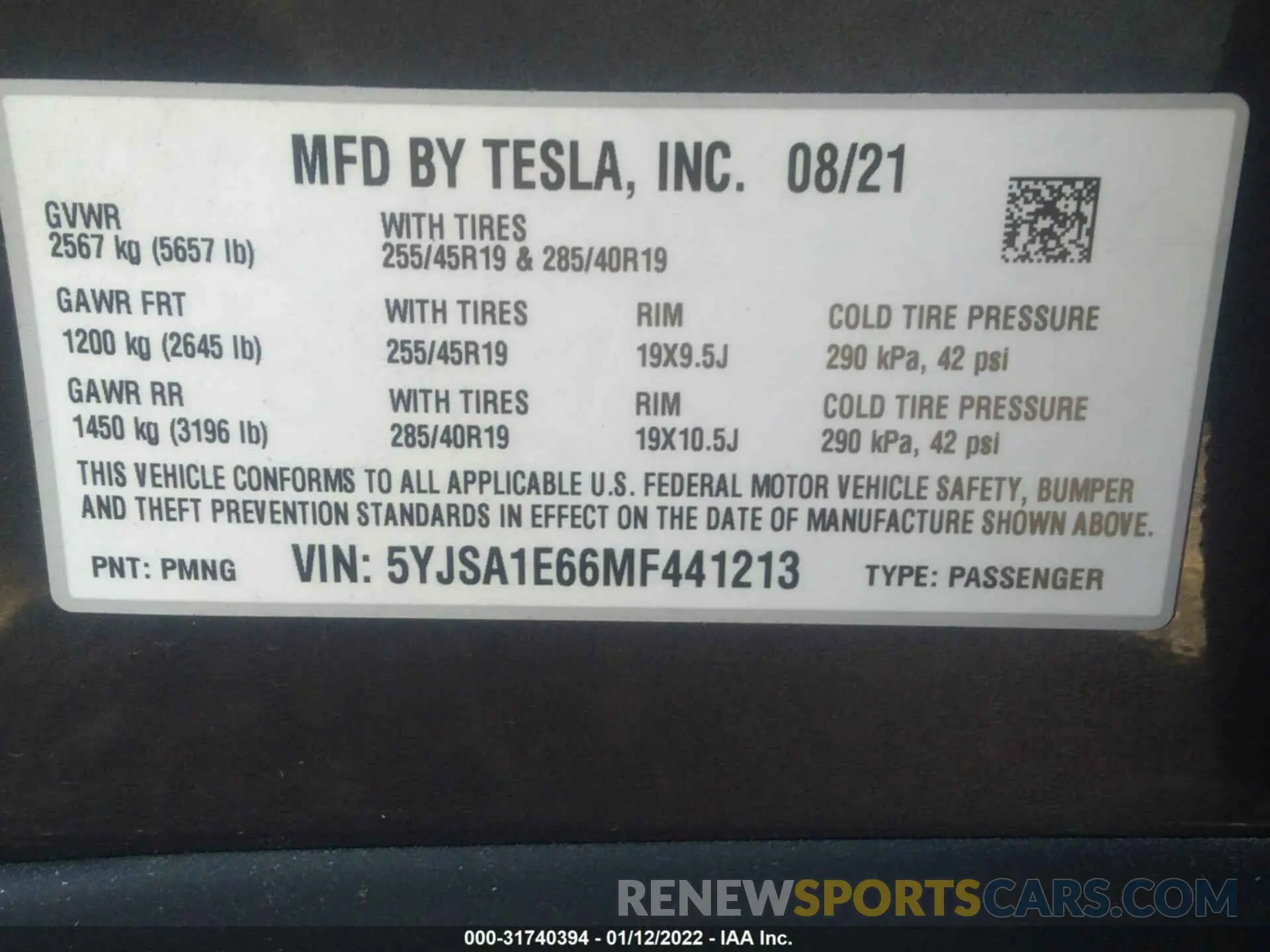 9 fotografías del automóvil dañado 5YJSA1E66MF441213 TESLA MODEL S 2021