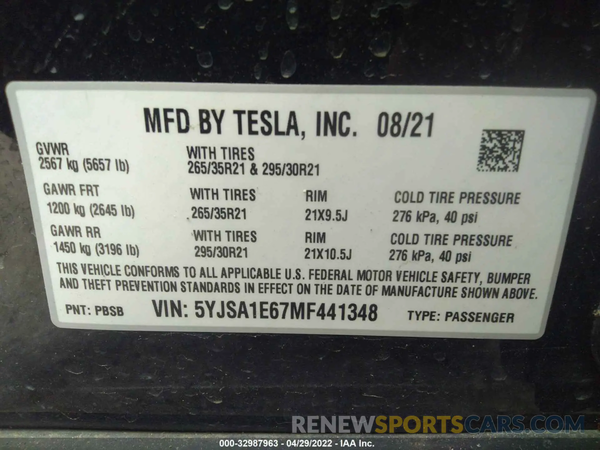 9 fotografías del automóvil dañado 5YJSA1E67MF441348 TESLA MODEL S 2021