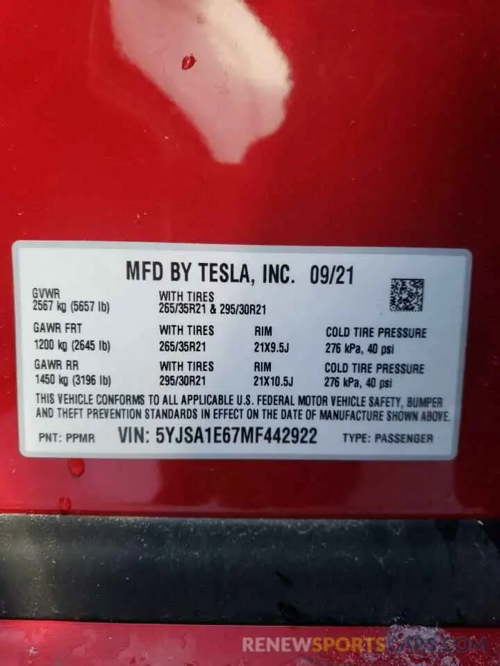 10 fotografías del automóvil dañado 5YJSA1E67MF442922 TESLA MODEL S 2021