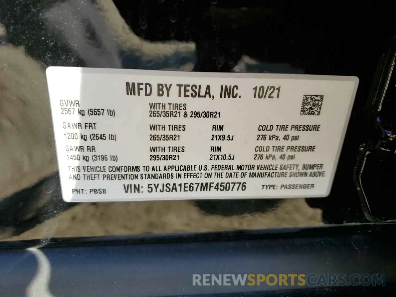 10 fotografías del automóvil dañado 5YJSA1E67MF450776 TESLA MODEL S 2021