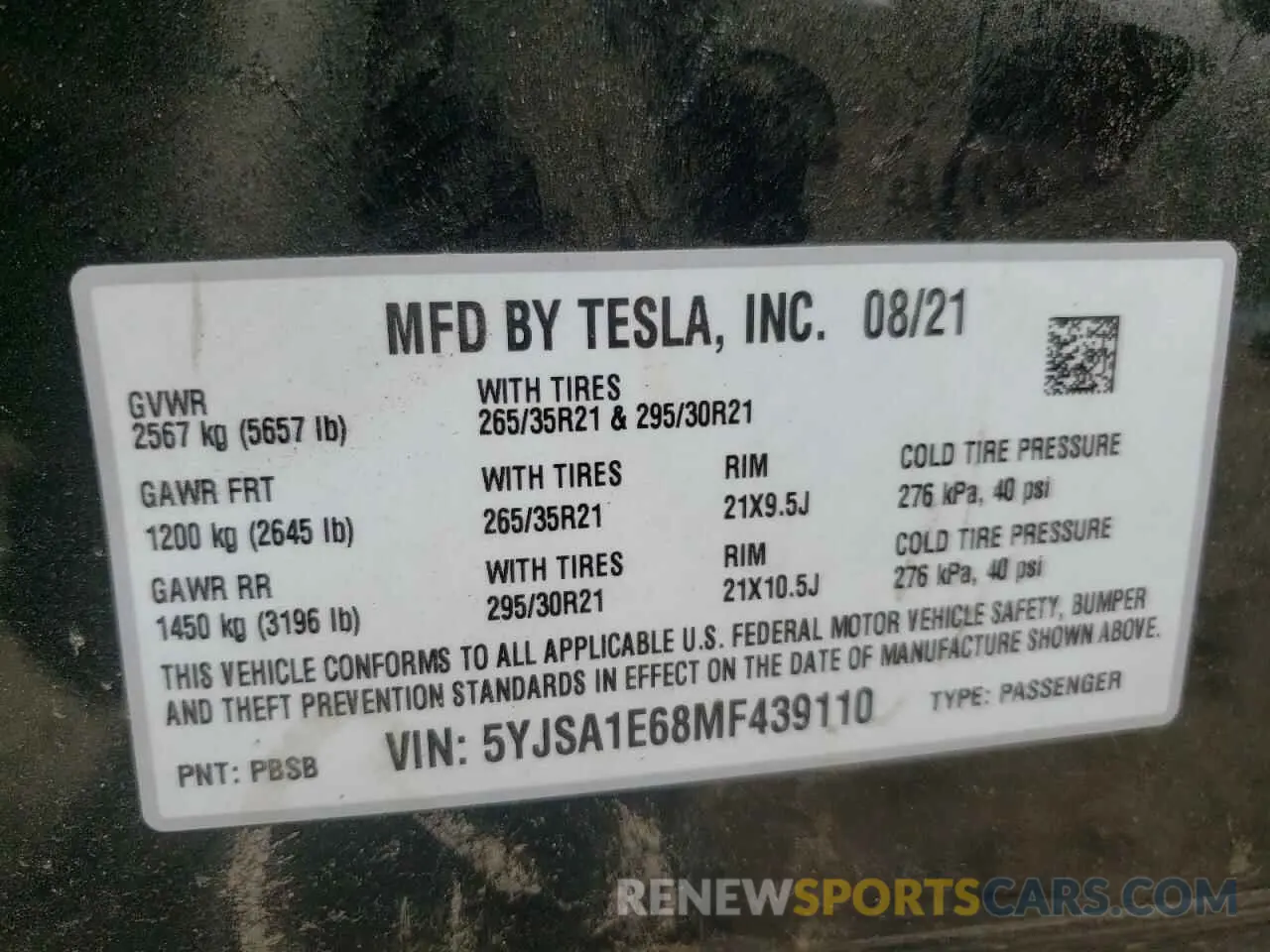 10 fotografías del automóvil dañado 5YJSA1E68MF439110 TESLA MODEL S 2021