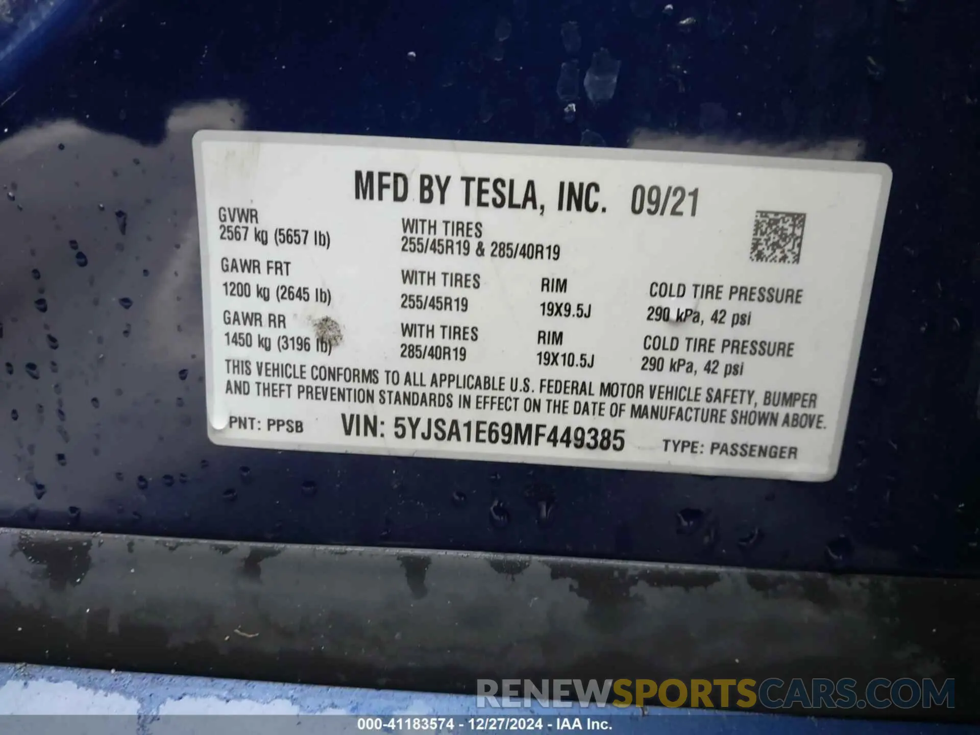 9 fotografías del automóvil dañado 5YJSA1E69MF449385 TESLA MODEL S 2021