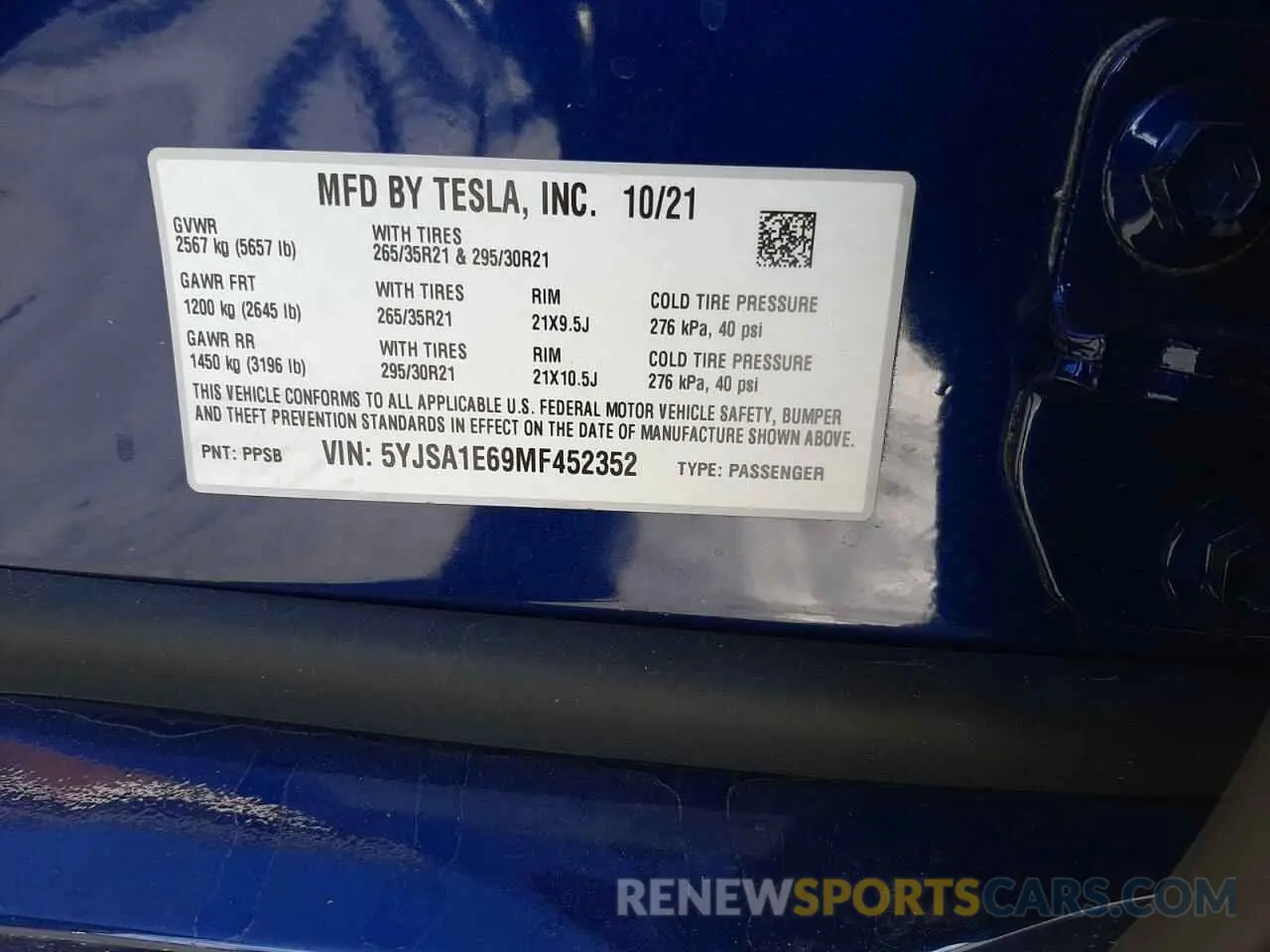 10 fotografías del automóvil dañado 5YJSA1E69MF452352 TESLA MODEL S 2021