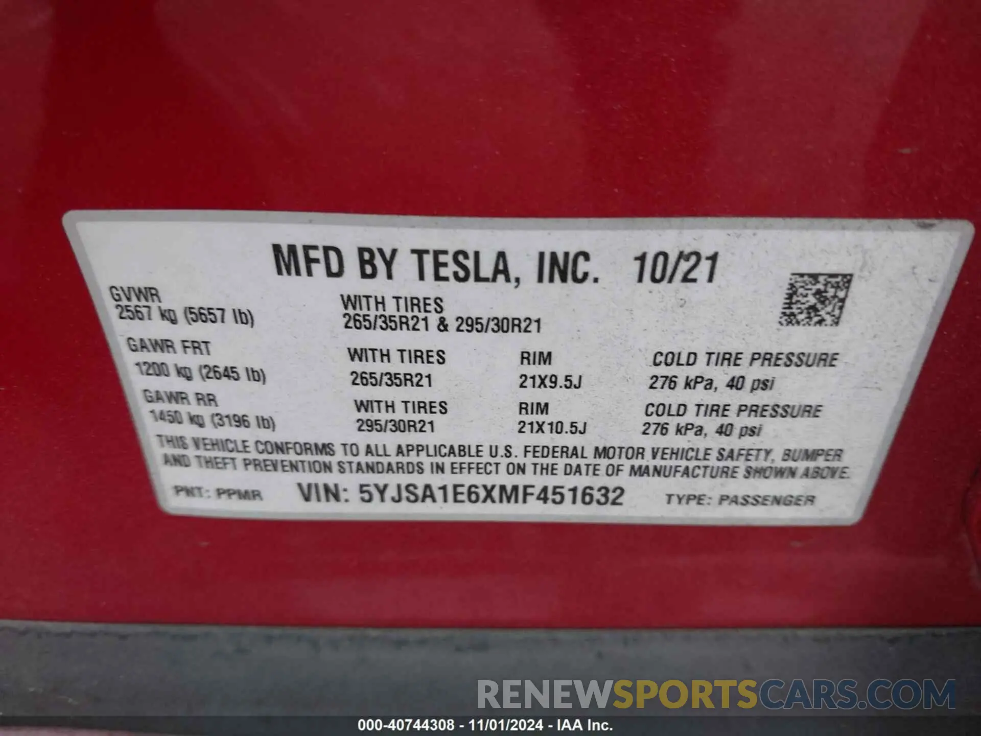 9 fotografías del automóvil dañado 5YJSA1E6XMF451632 TESLA MODEL S 2021