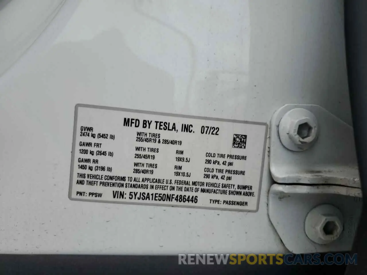 12 fotografías del automóvil dañado 5YJSA1E50NF486446 TESLA MODEL S 2022
