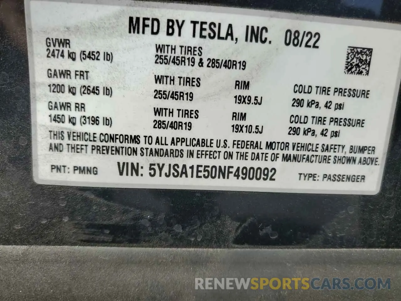 12 fotografías del automóvil dañado 5YJSA1E50NF490092 TESLA MODEL S 2022