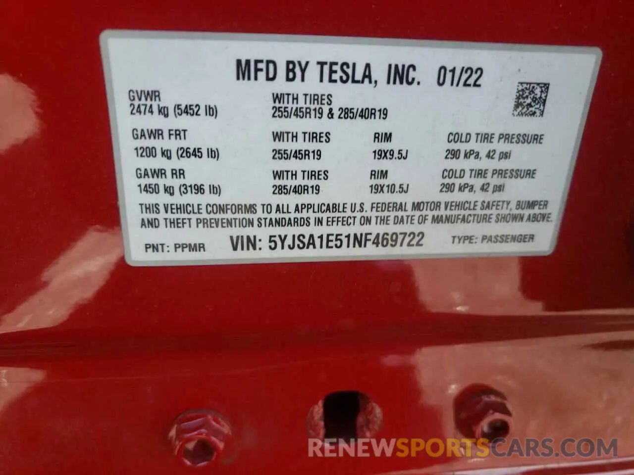 10 fotografías del automóvil dañado 5YJSA1E51NF469722 TESLA MODEL S 2022
