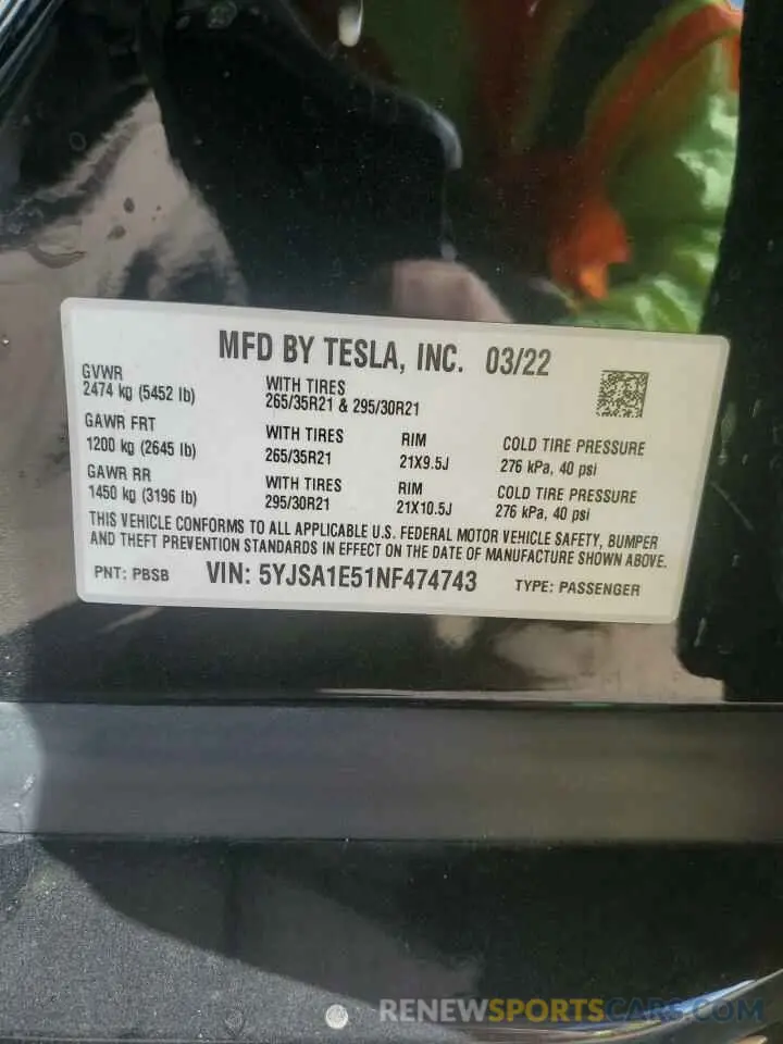 14 fotografías del automóvil dañado 5YJSA1E51NF474743 TESLA MODEL S 2022