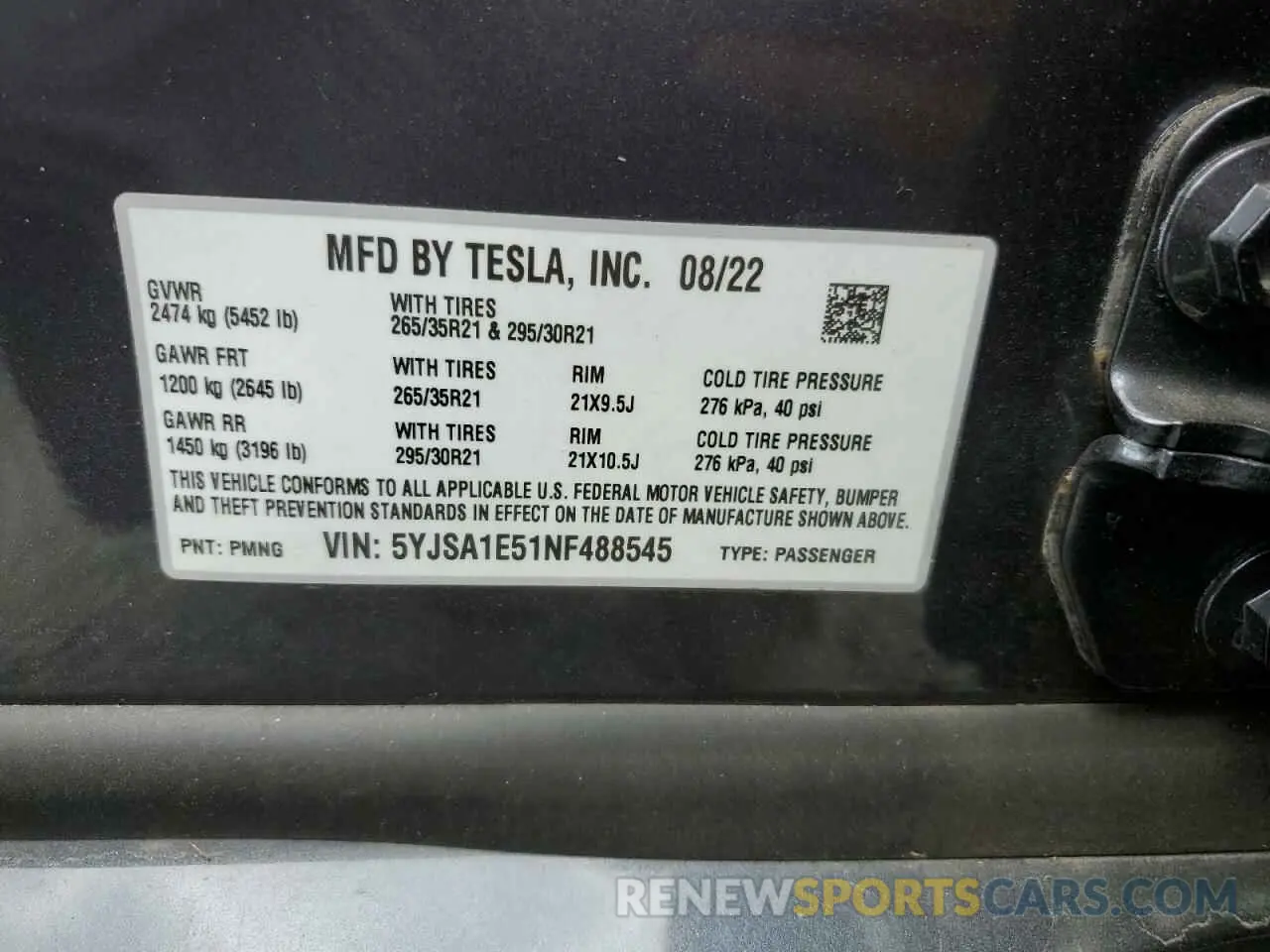 13 fotografías del automóvil dañado 5YJSA1E51NF488545 TESLA MODEL S 2022