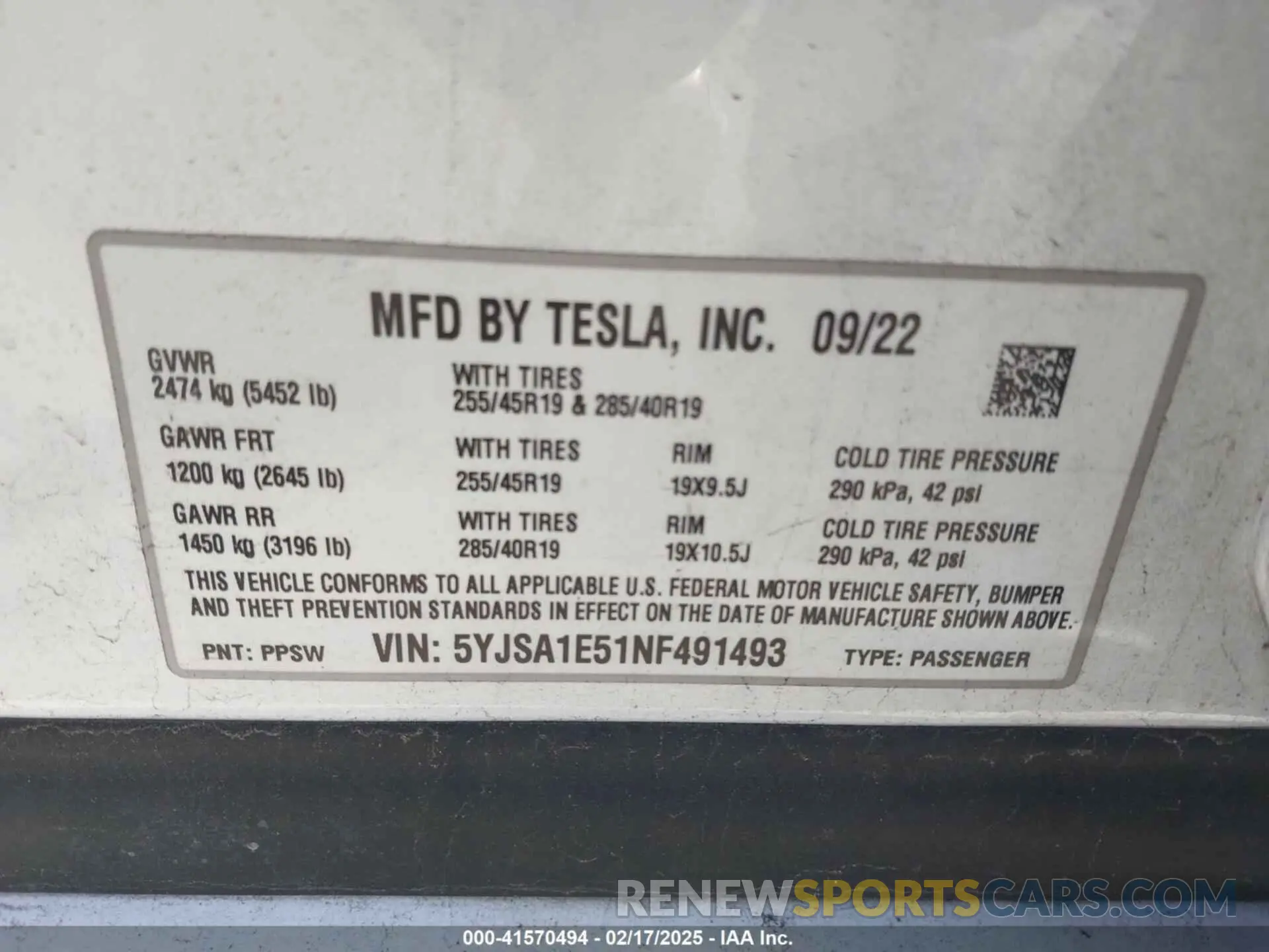 9 fotografías del automóvil dañado 5YJSA1E51NF491493 TESLA MODEL S 2022