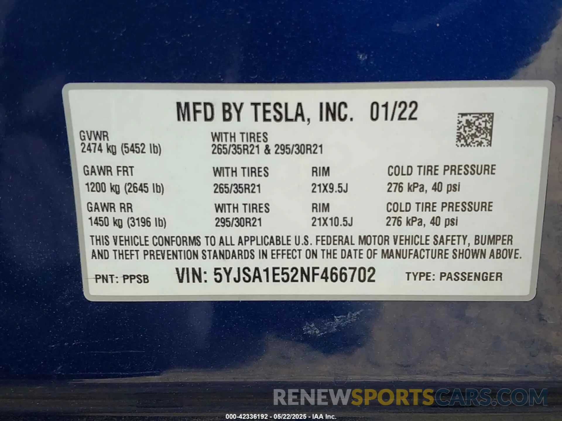 9 fotografías del automóvil dañado 5YJSA1E52NF466702 TESLA MODEL S 2022