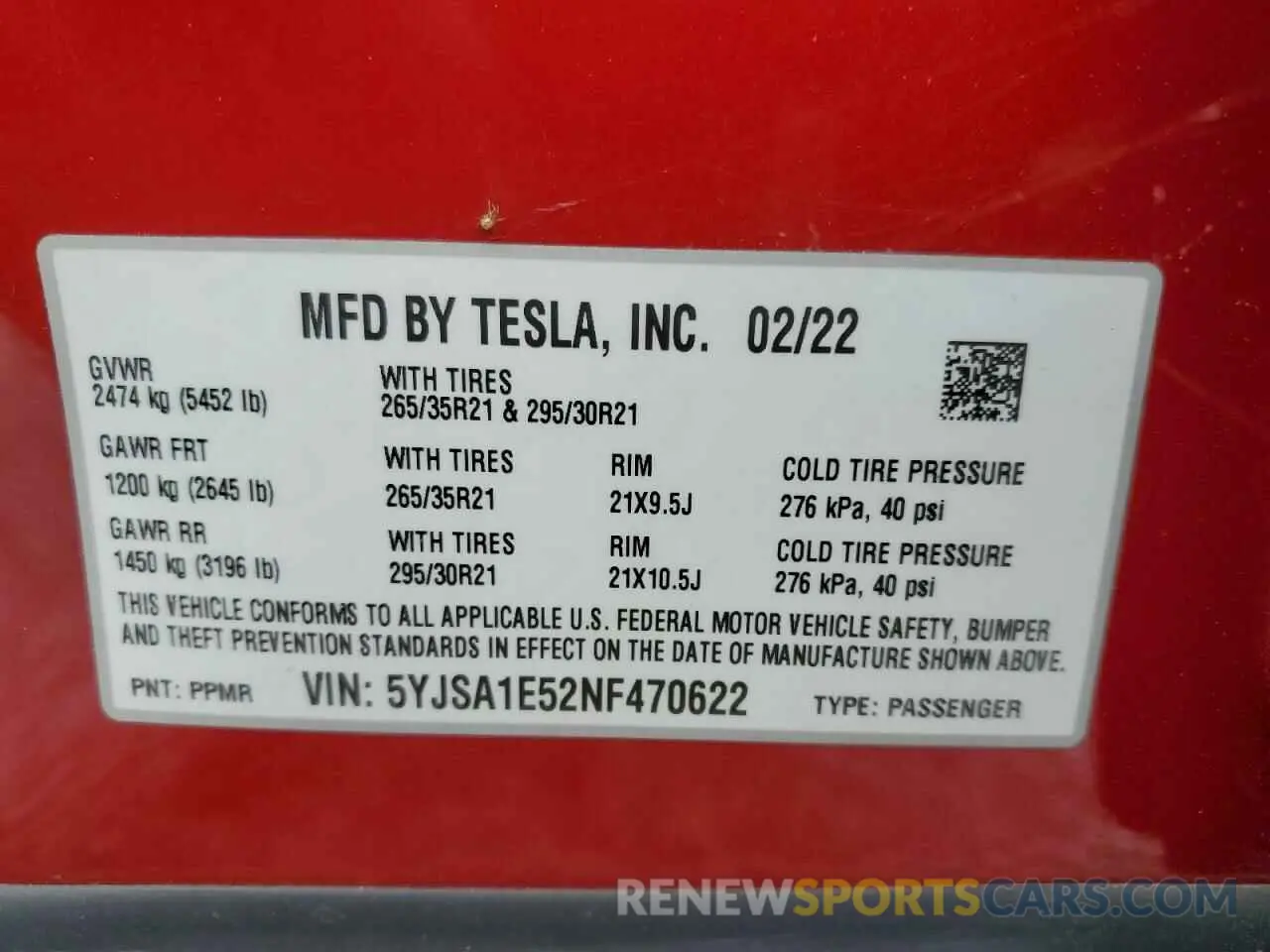 13 fotografías del automóvil dañado 5YJSA1E52NF470622 TESLA MODEL S 2022
