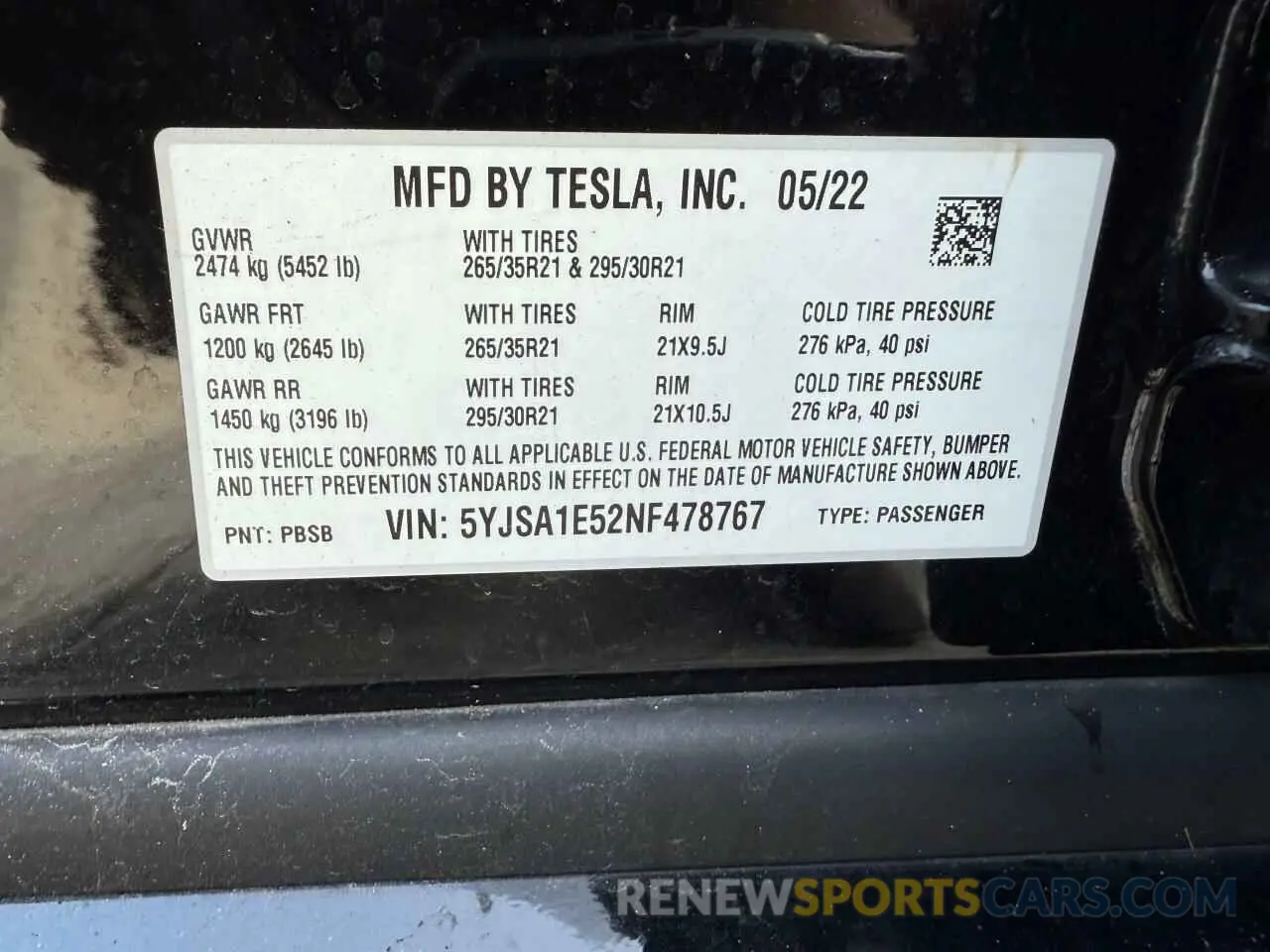 10 fotografías del automóvil dañado 5YJSA1E52NF478767 TESLA MODEL S 2022