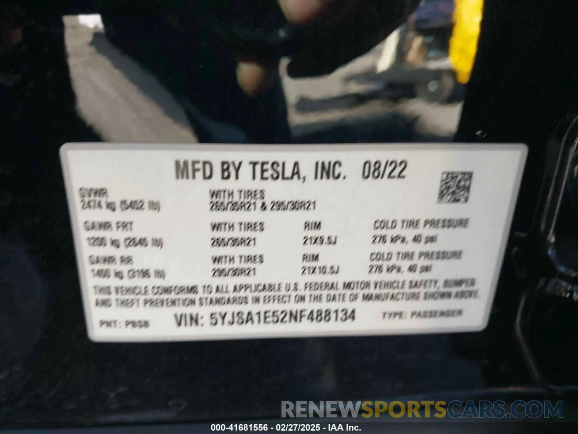 9 fotografías del automóvil dañado 5YJSA1E52NF488134 TESLA MODEL S 2022