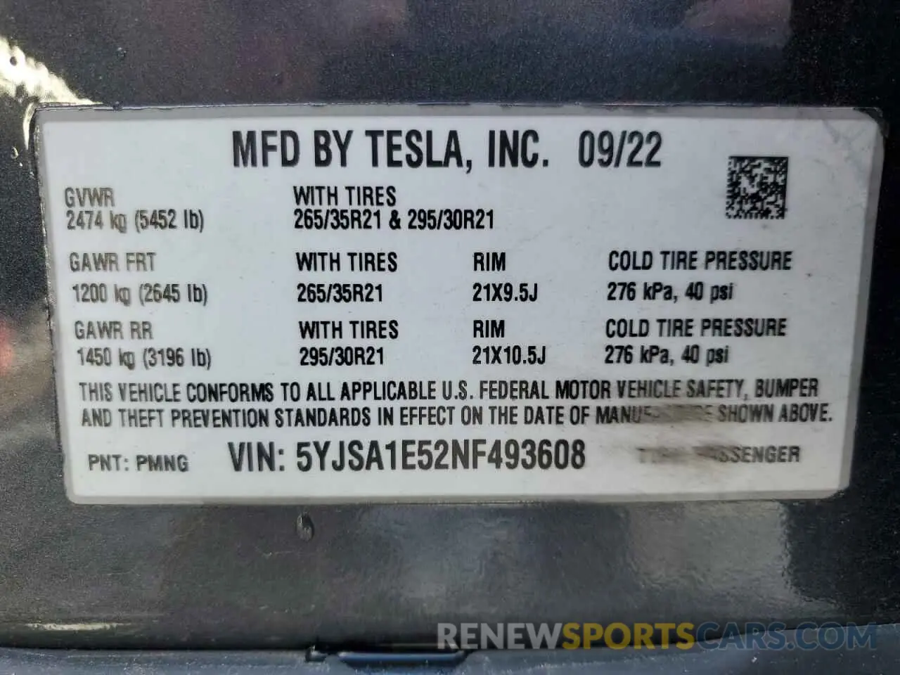 13 fotografías del automóvil dañado 5YJSA1E52NF493608 TESLA MODEL S 2022