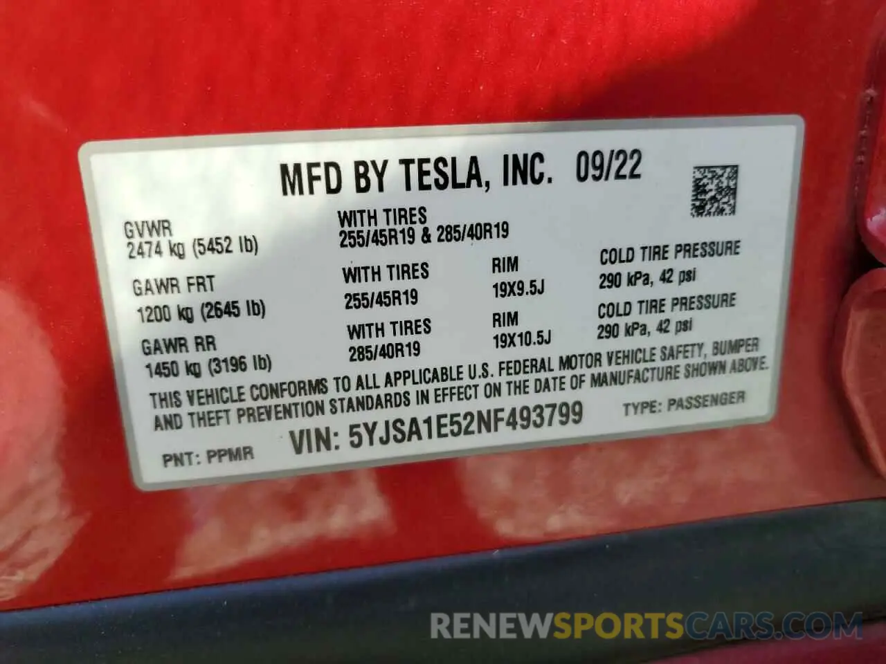 13 fotografías del automóvil dañado 5YJSA1E52NF493799 TESLA MODEL S 2022