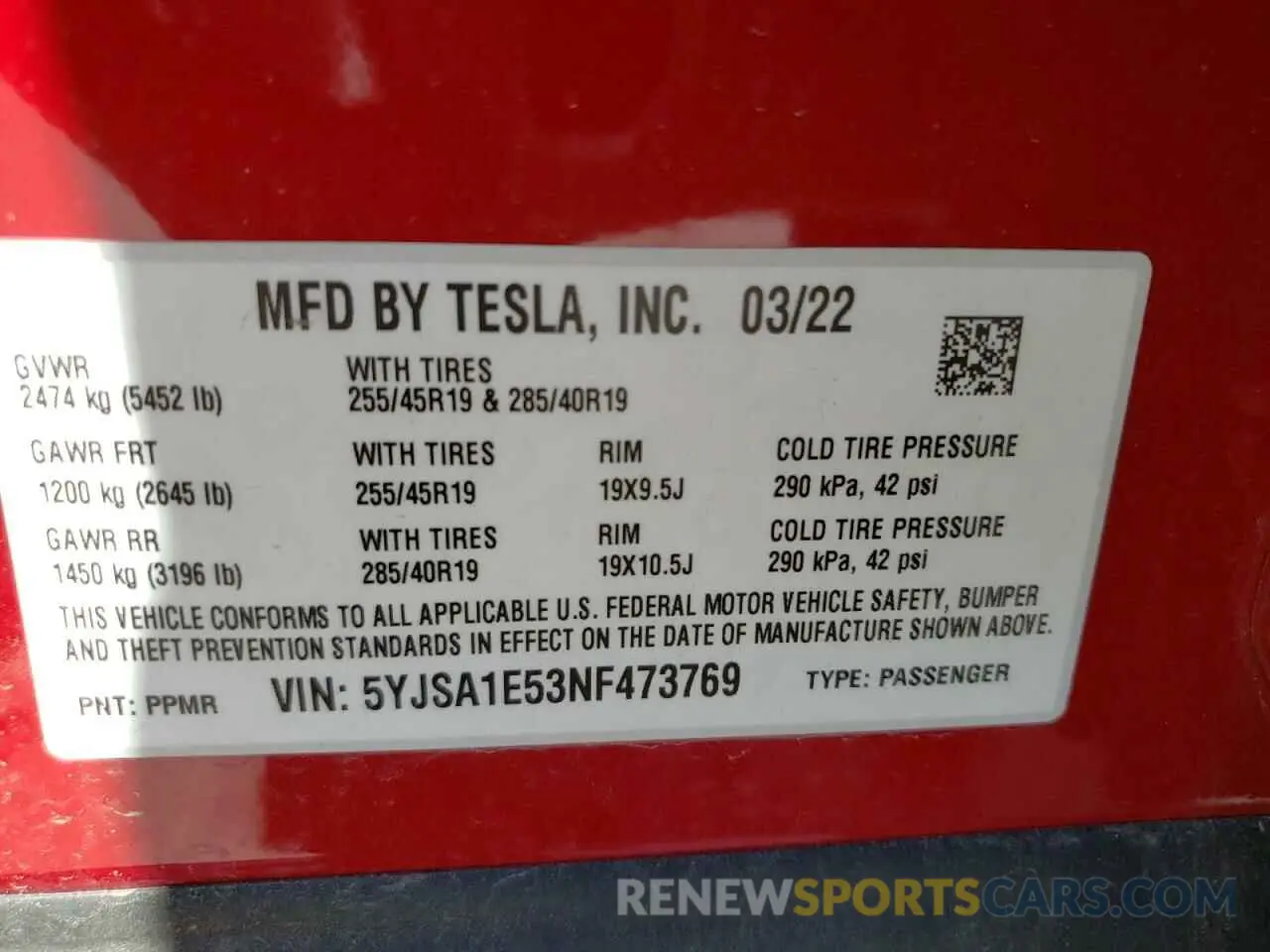 10 fotografías del automóvil dañado 5YJSA1E53NF473769 TESLA MODEL S 2022
