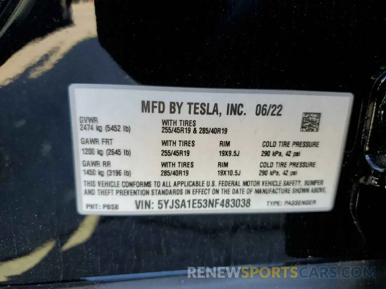 12 fotografías del automóvil dañado 5YJSA1E53NF483038 TESLA MODEL S 2022