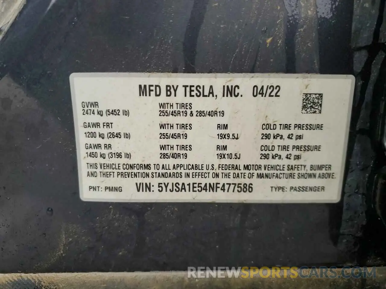 13 fotografías del automóvil dañado 5YJSA1E54NF477586 TESLA MODEL S 2022