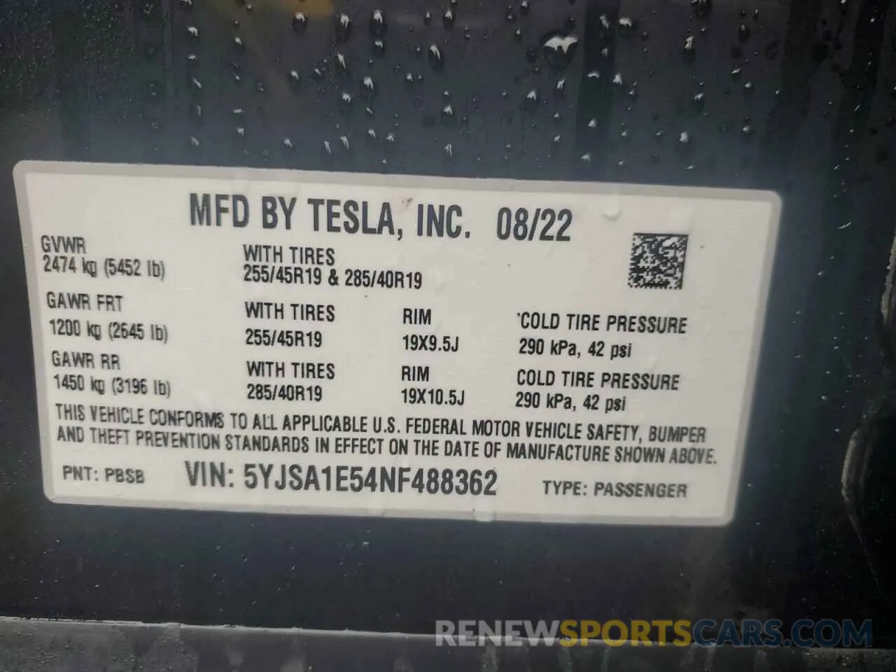 12 fotografías del automóvil dañado 5YJSA1E54NF488362 TESLA MODEL S 2022
