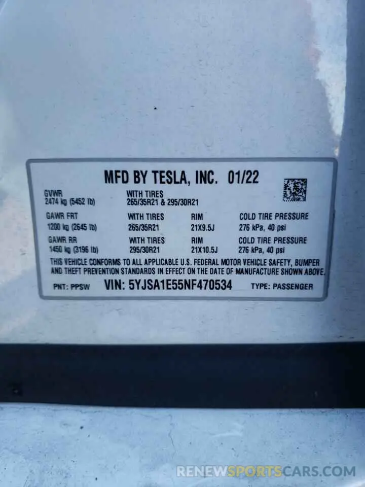 12 fotografías del automóvil dañado 5YJSA1E55NF470534 TESLA MODEL S 2022