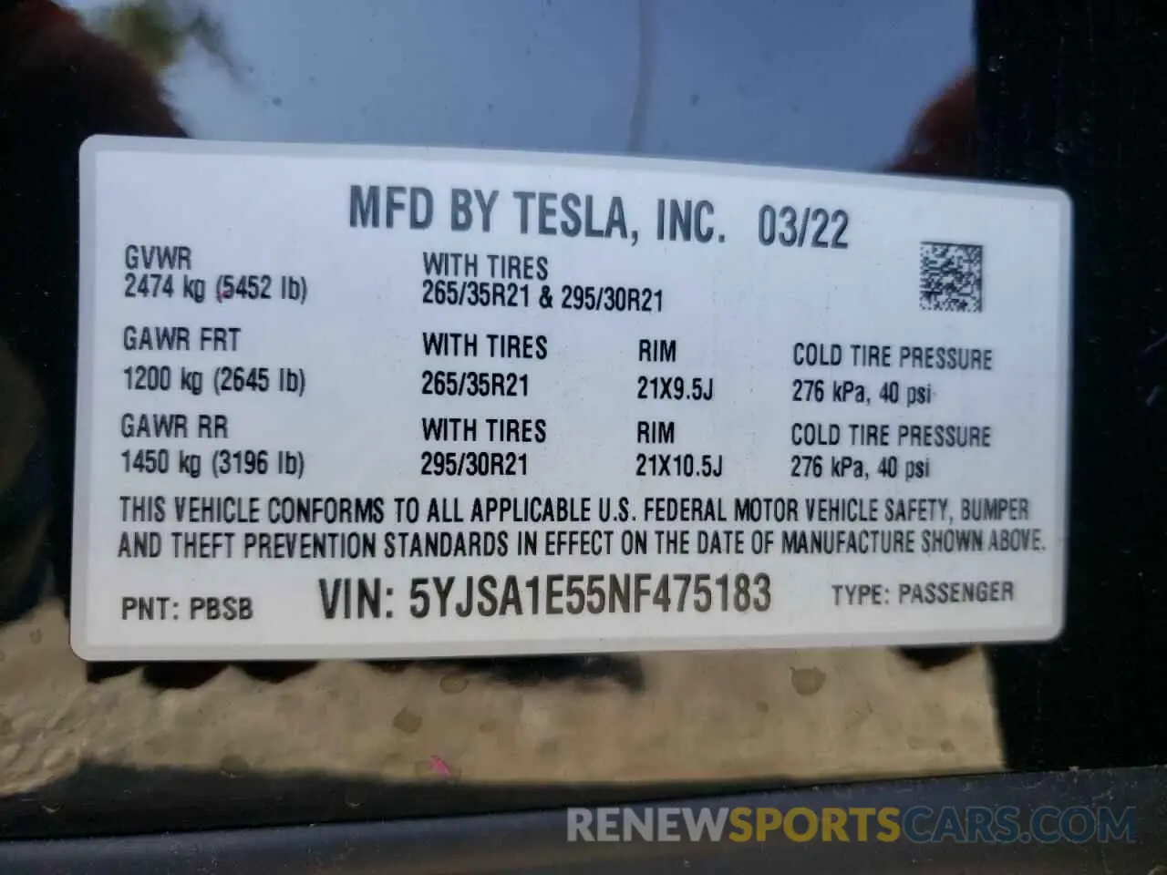 10 fotografías del automóvil dañado 5YJSA1E55NF475183 TESLA MODEL S 2022