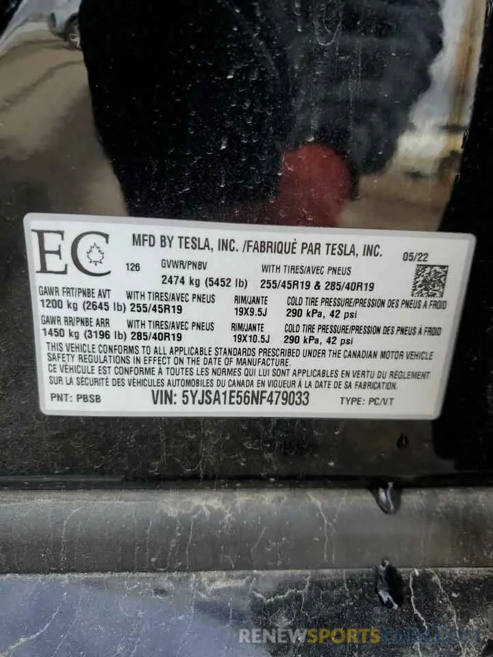 12 fotografías del automóvil dañado 5YJSA1E56NF479033 TESLA MODEL S 2022