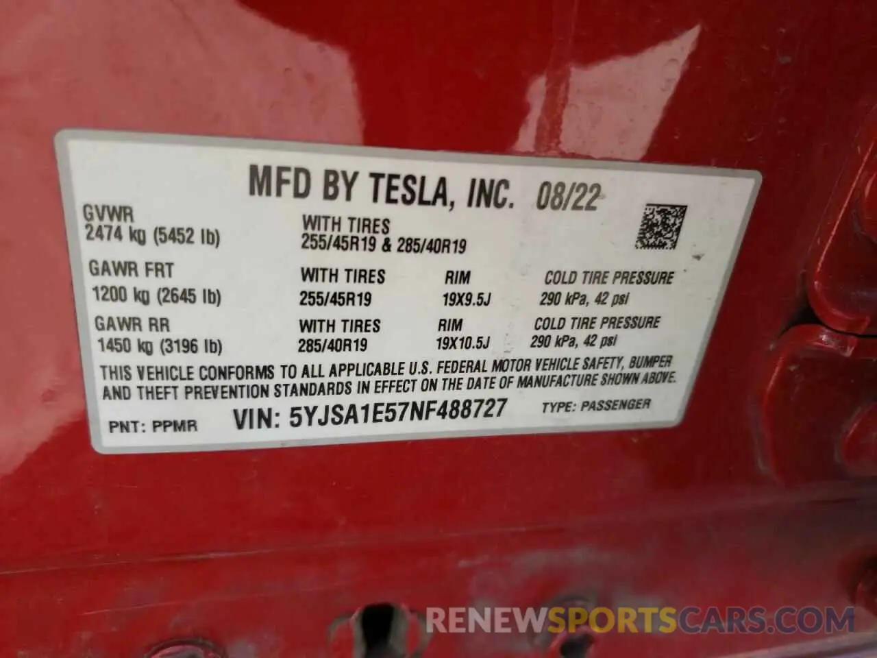 12 fotografías del automóvil dañado 5YJSA1E57NF488727 TESLA MODEL S 2022