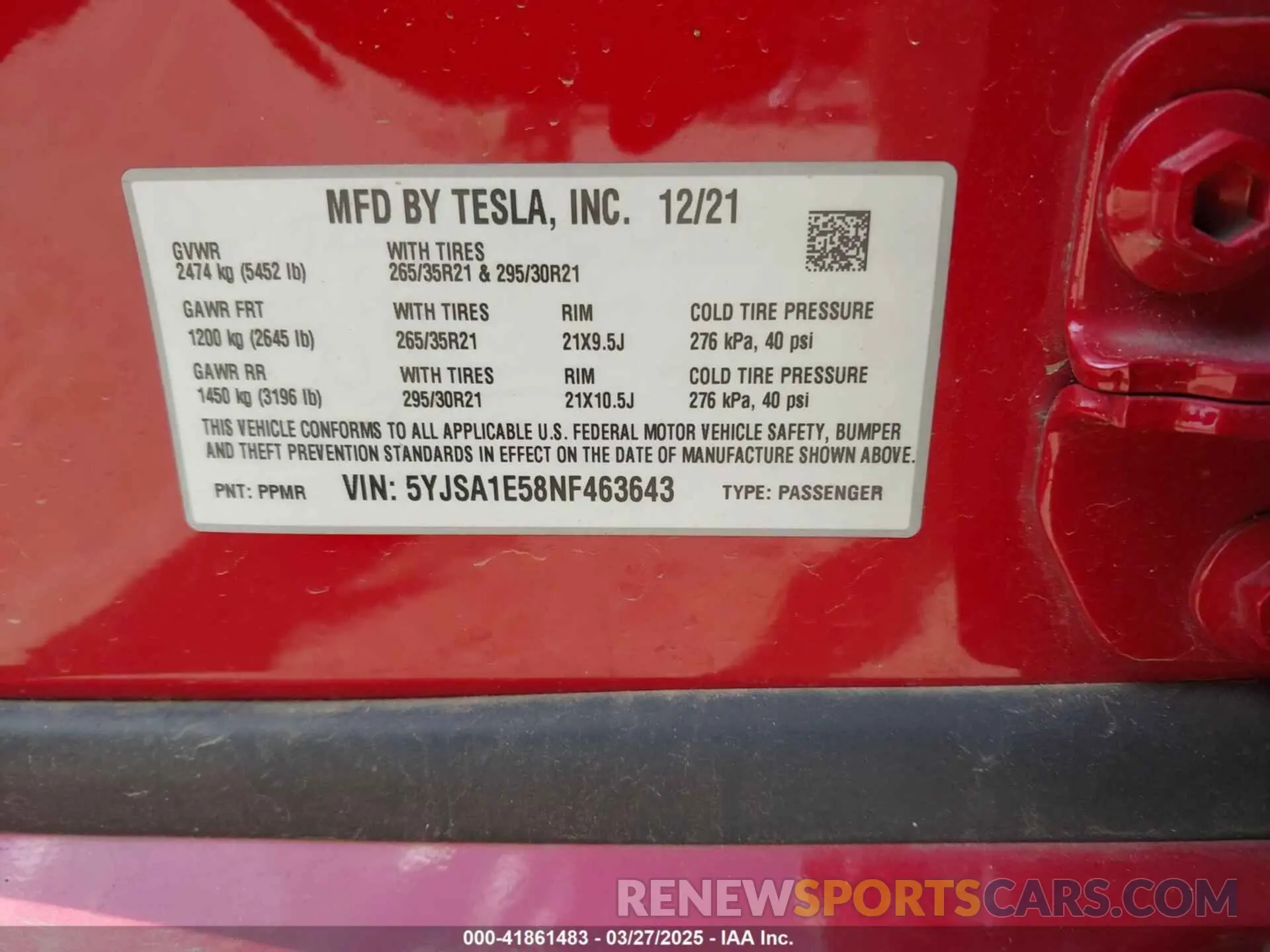 9 fotografías del automóvil dañado 5YJSA1E58NF463643 TESLA MODEL S 2022