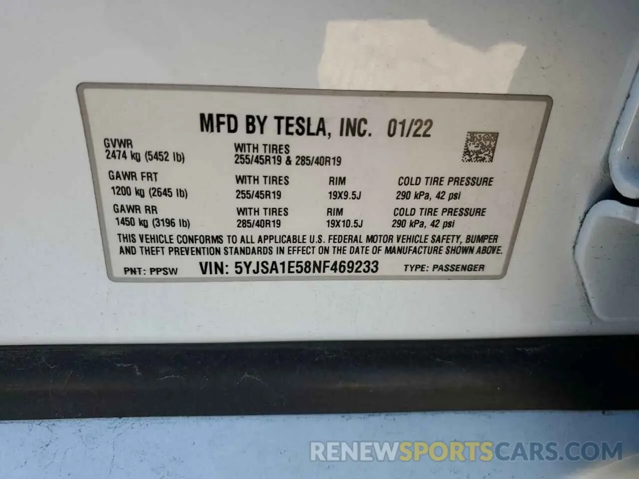 12 fotografías del automóvil dañado 5YJSA1E58NF469233 TESLA MODEL S 2022