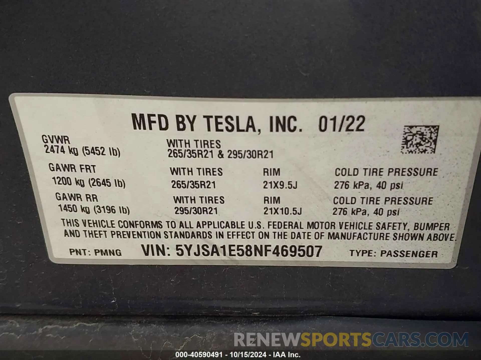 9 fotografías del automóvil dañado 5YJSA1E58NF469507 TESLA MODEL S 2022