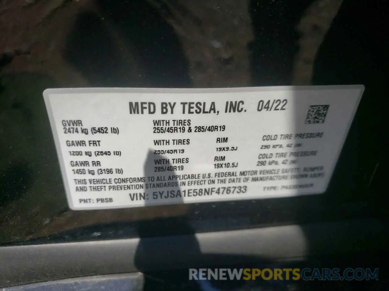 10 fotografías del automóvil dañado 5YJSA1E58NF476733 TESLA MODEL S 2022