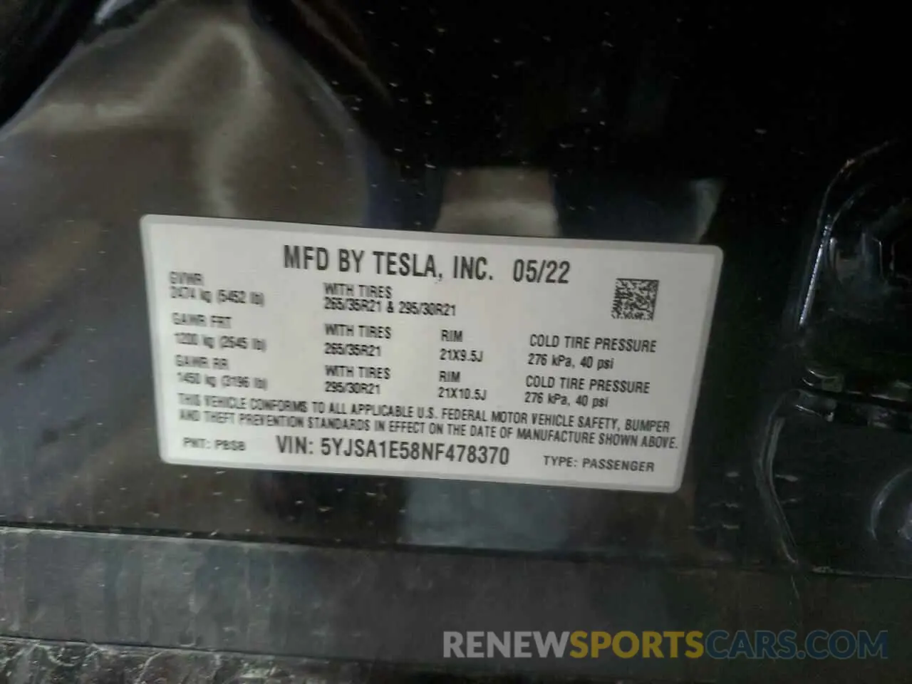 13 fotografías del automóvil dañado 5YJSA1E58NF478370 TESLA MODEL S 2022