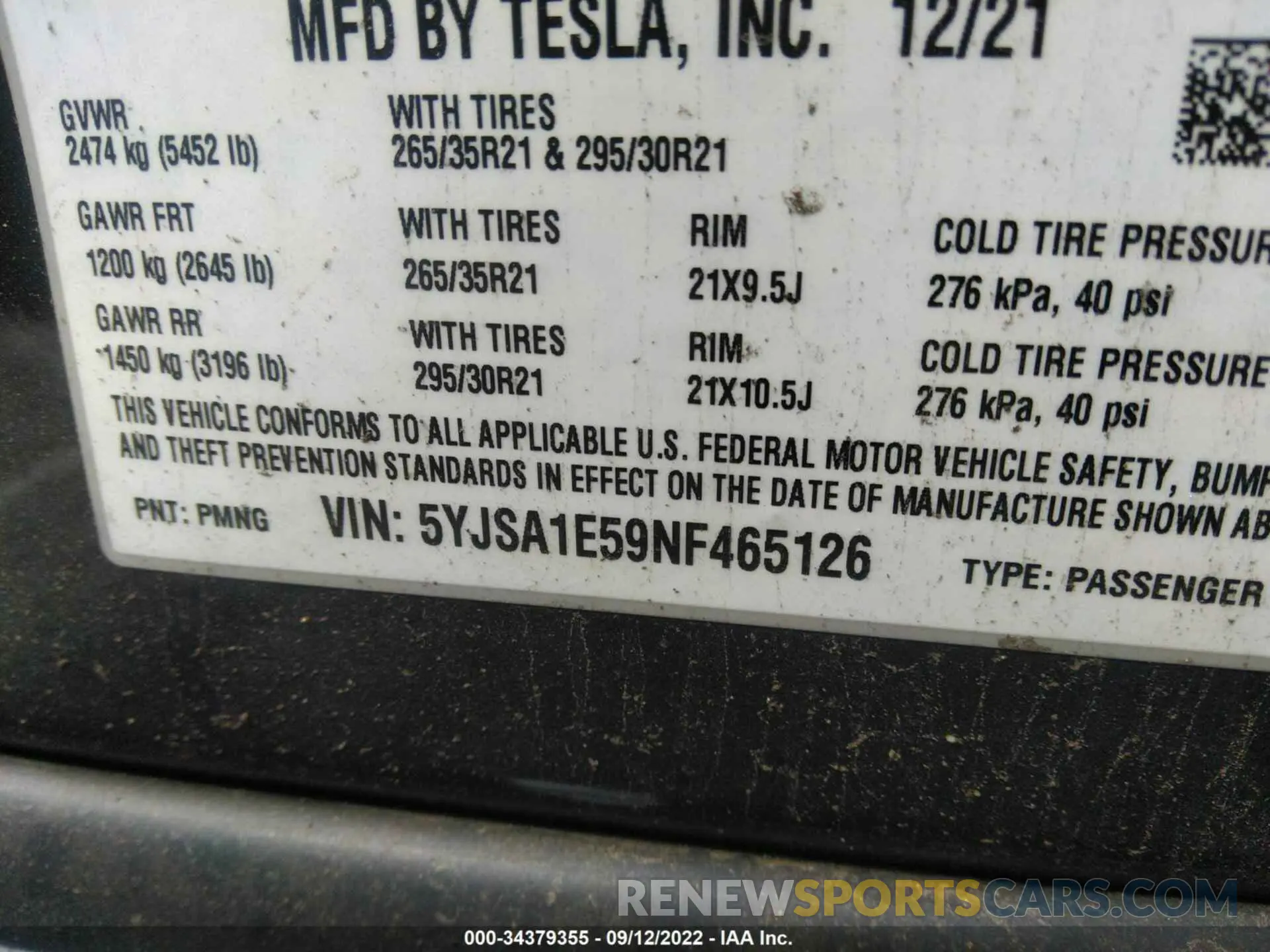 9 fotografías del automóvil dañado 5YJSA1E59NF465126 TESLA MODEL S 2022