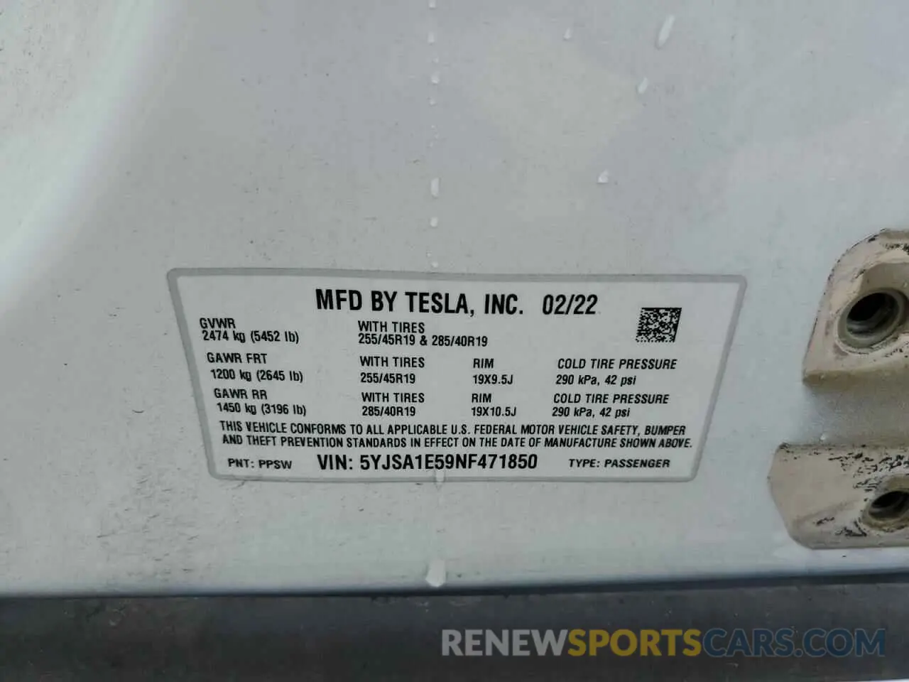 10 fotografías del automóvil dañado 5YJSA1E59NF471850 TESLA MODEL S 2022