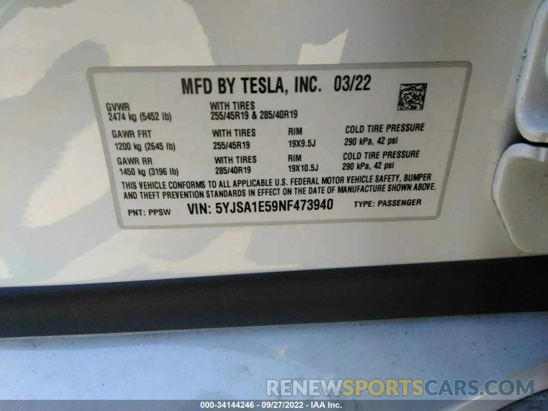 9 fotografías del automóvil dañado 5YJSA1E59NF473940 TESLA MODEL S 2022
