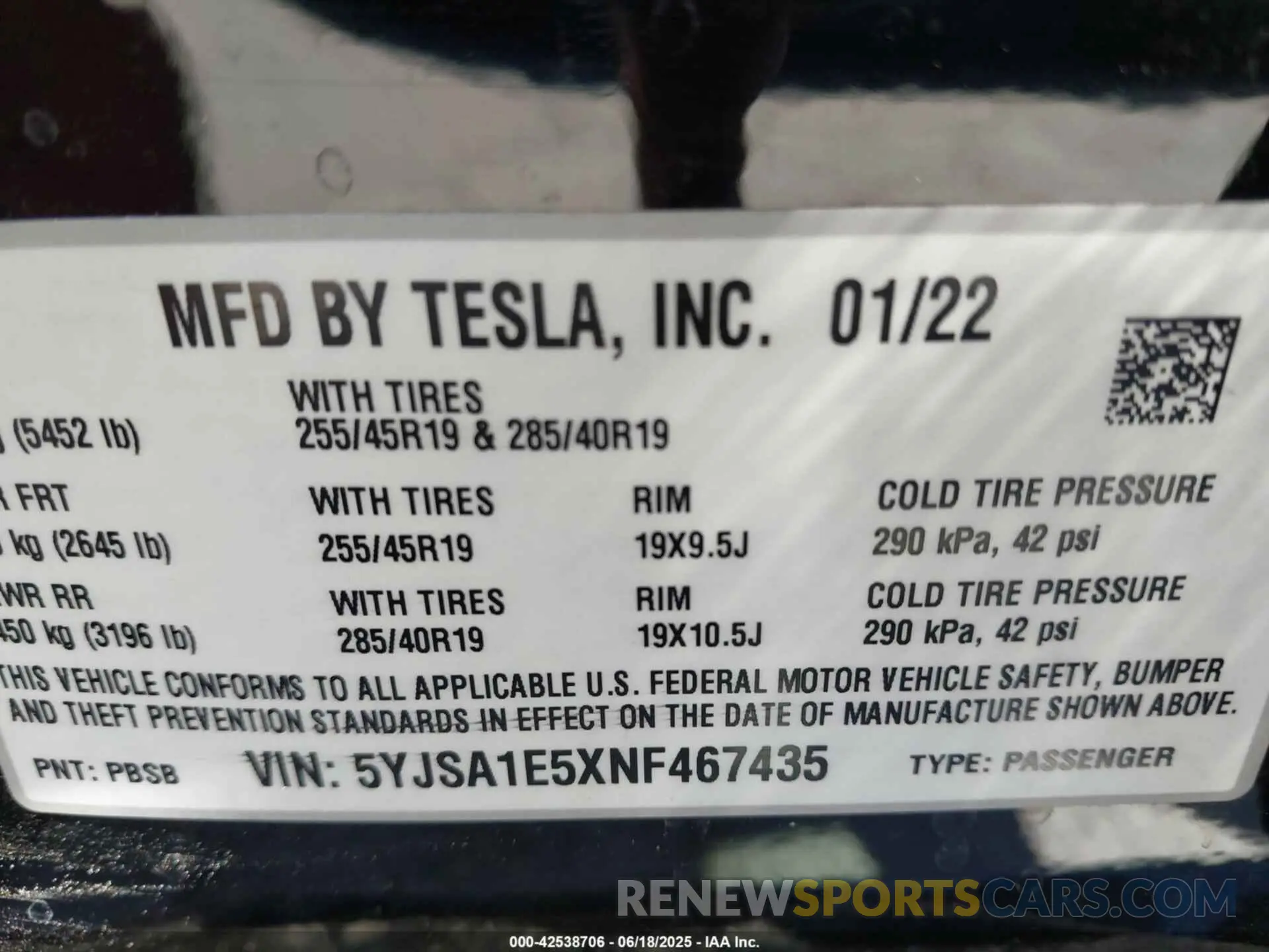 9 fotografías del automóvil dañado 5YJSA1E5XNF467435 TESLA MODEL S 2022