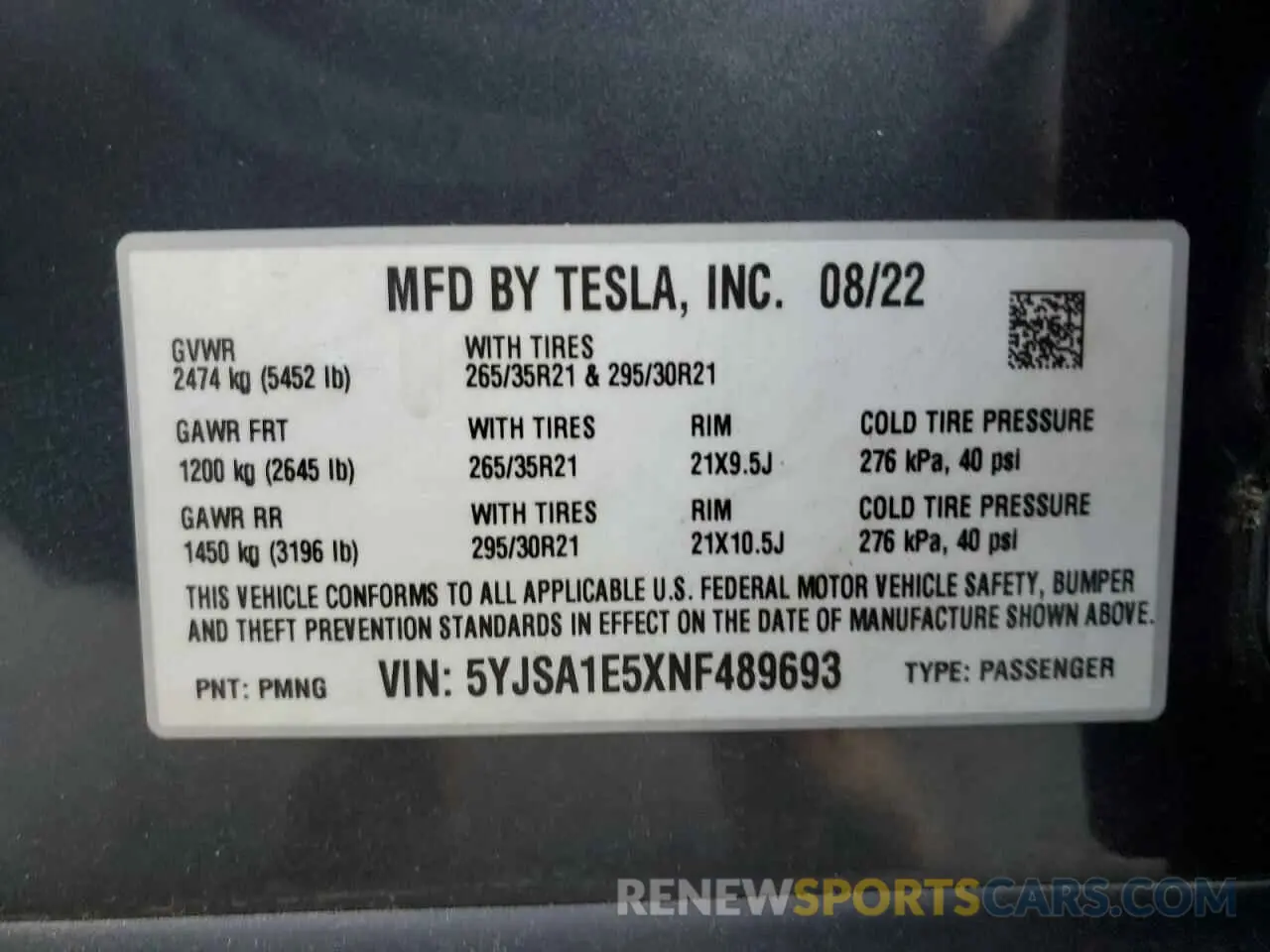 12 fotografías del automóvil dañado 5YJSA1E5XNF489693 TESLA MODEL S 2022