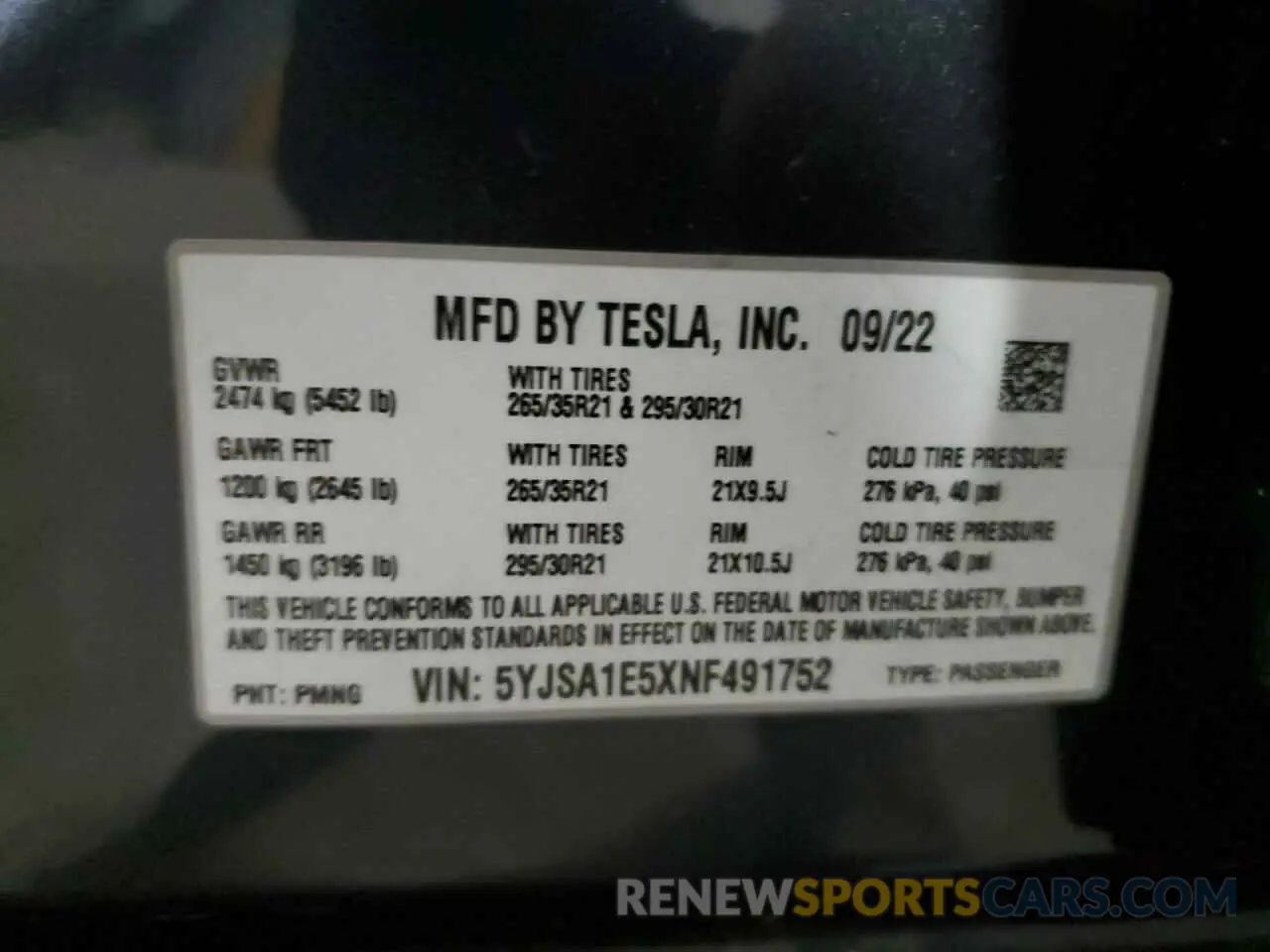 13 fotografías del automóvil dañado 5YJSA1E5XNF491752 TESLA MODEL S 2022