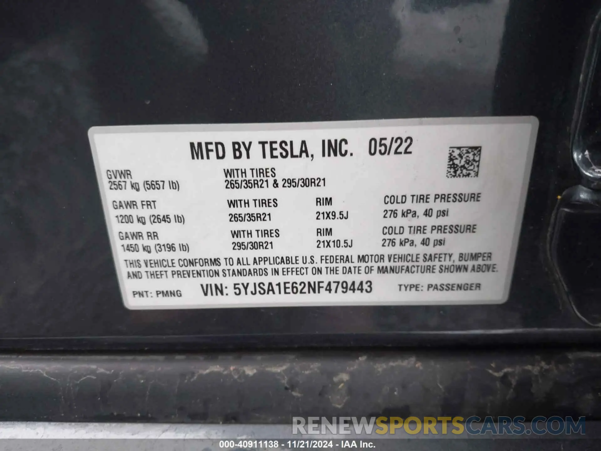 9 fotografías del automóvil dañado 5YJSA1E62NF479443 TESLA MODEL S 2022