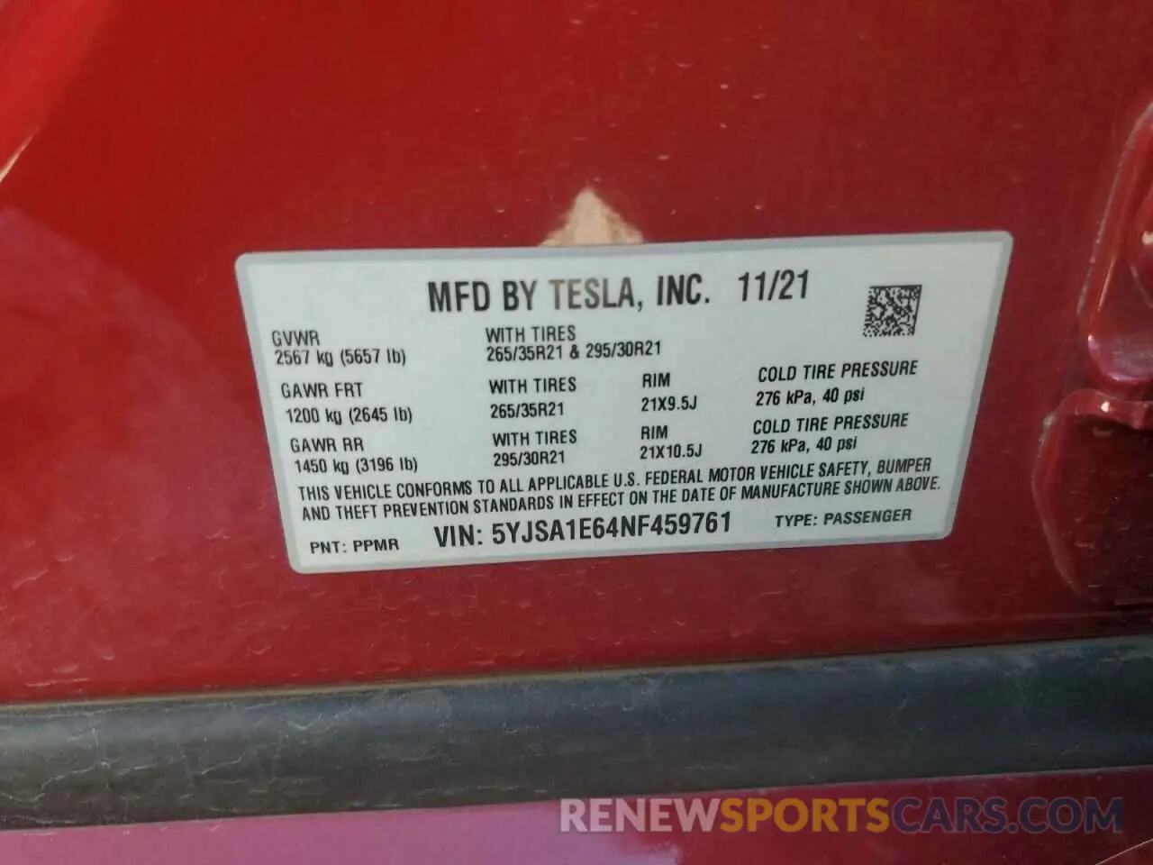 12 fotografías del automóvil dañado 5YJSA1E64NF459761 TESLA MODEL S 2022