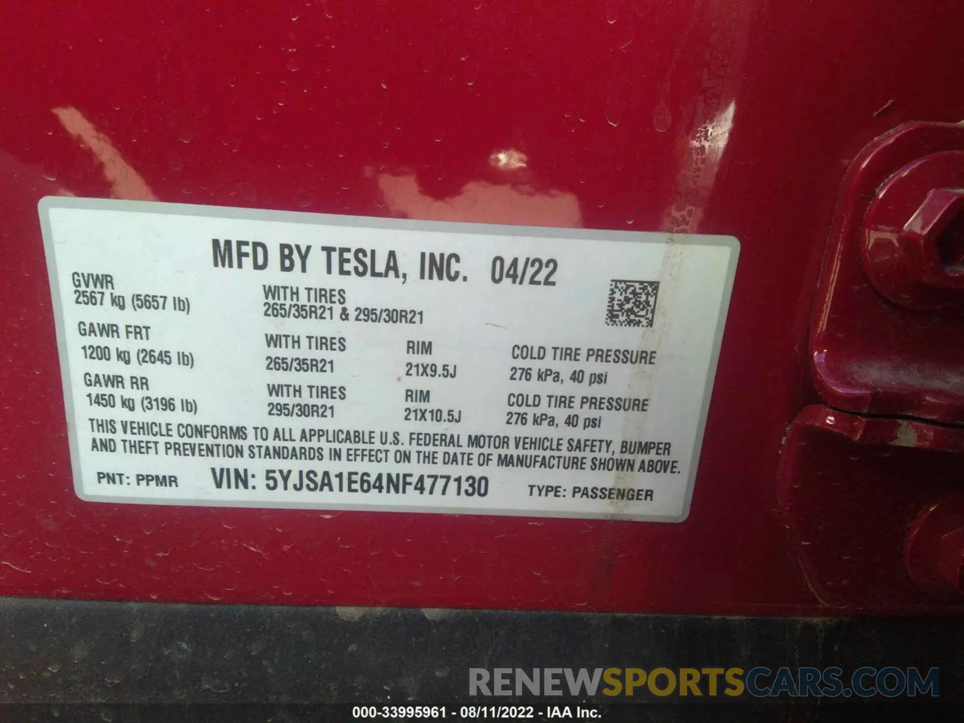 9 fotografías del automóvil dañado 5YJSA1E64NF477130 TESLA MODEL S 2022