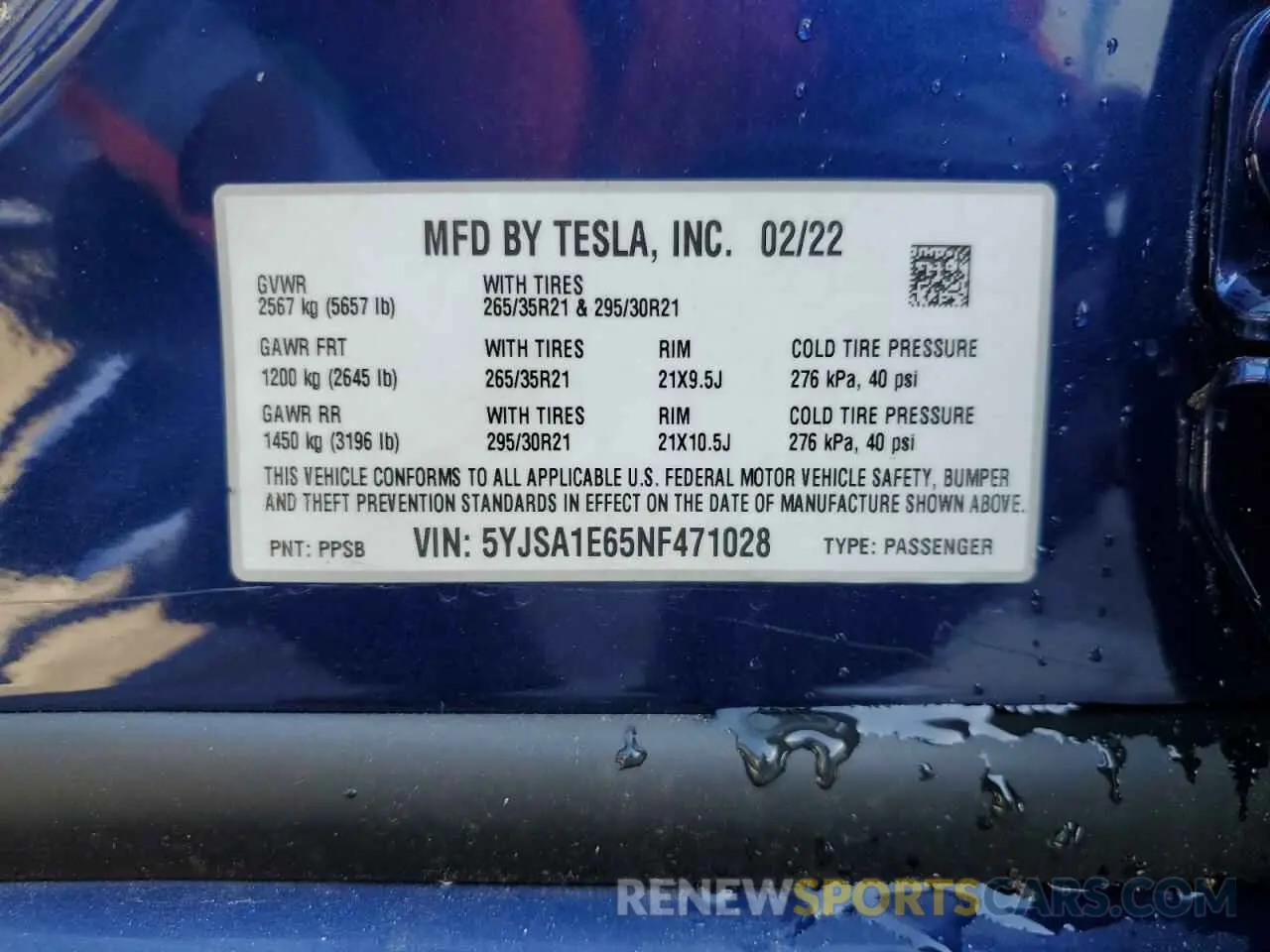 13 fotografías del automóvil dañado 5YJSA1E65NF471028 TESLA MODEL S 2022