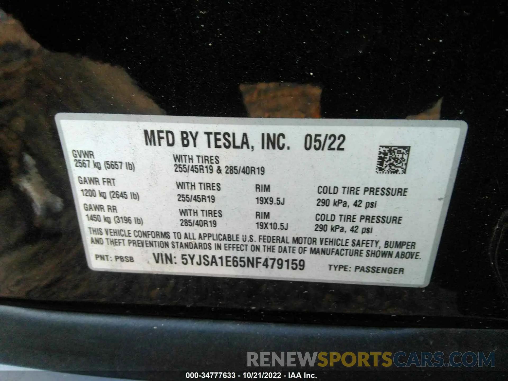 9 fotografías del automóvil dañado 5YJSA1E65NF479159 TESLA MODEL S 2022