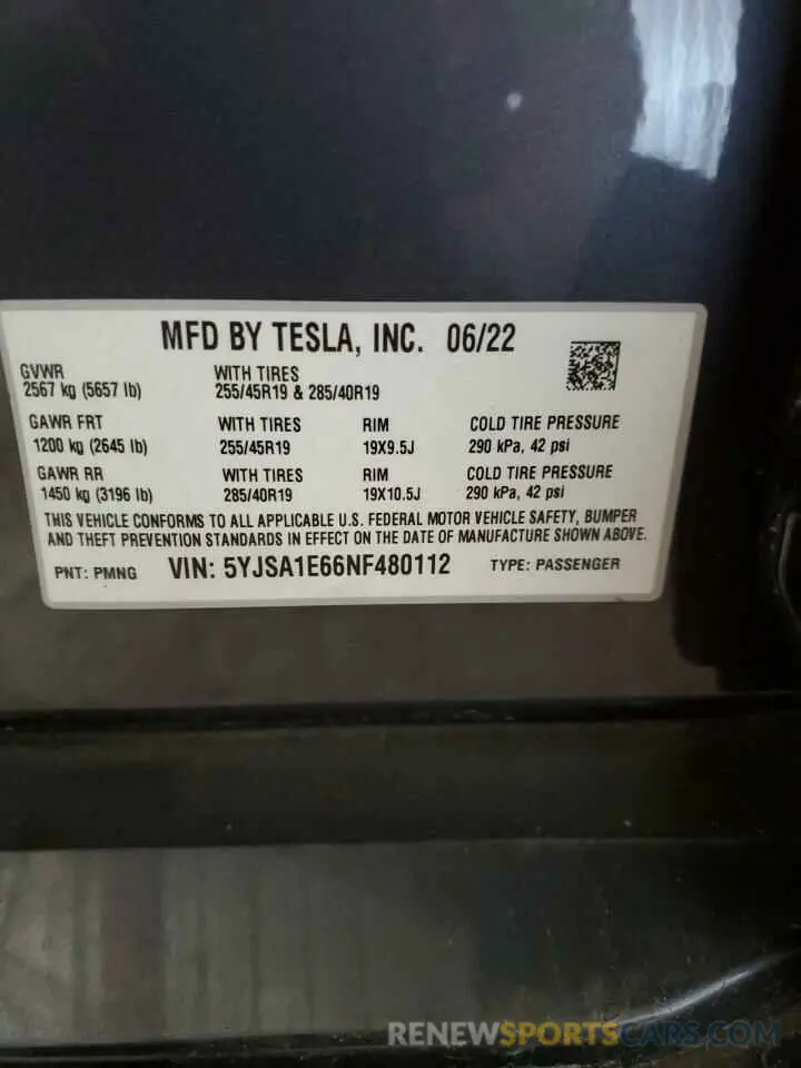 12 fotografías del automóvil dañado 5YJSA1E66NF480112 TESLA MODEL S 2022